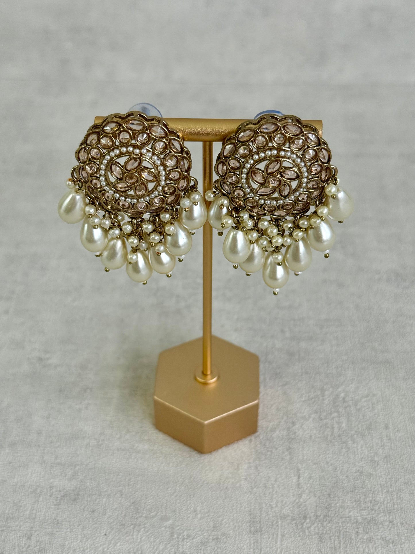 Ayura Designs Aynoor Petal Frame Earrings – Antique Gold Finish with Mirror-Cut Stones & Pearl Drops