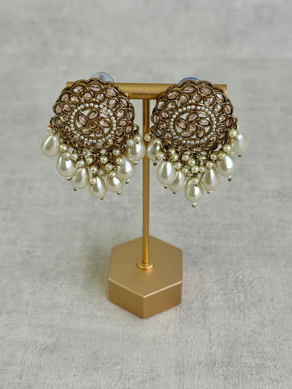 Ayura Designs Aynoor Petal Frame Earrings – Antique Gold Finish with Mirror-Cut Stones & Pearl Drops