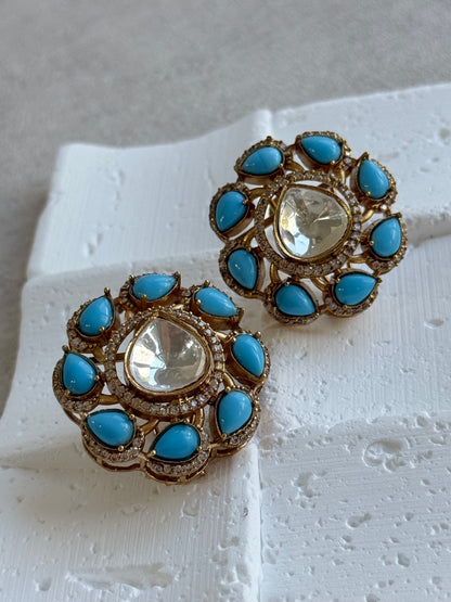 Ayura Designs Giana Stud Earrings – Turquoise Blue & Crystal Kundan with Gold Finish