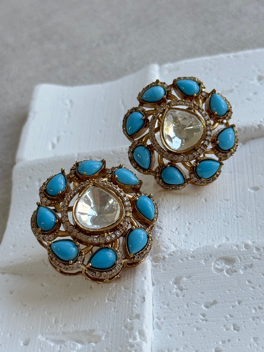 Ayura Designs Giana Stud Earrings – Turquoise Blue & Crystal Kundan with Gold Finish