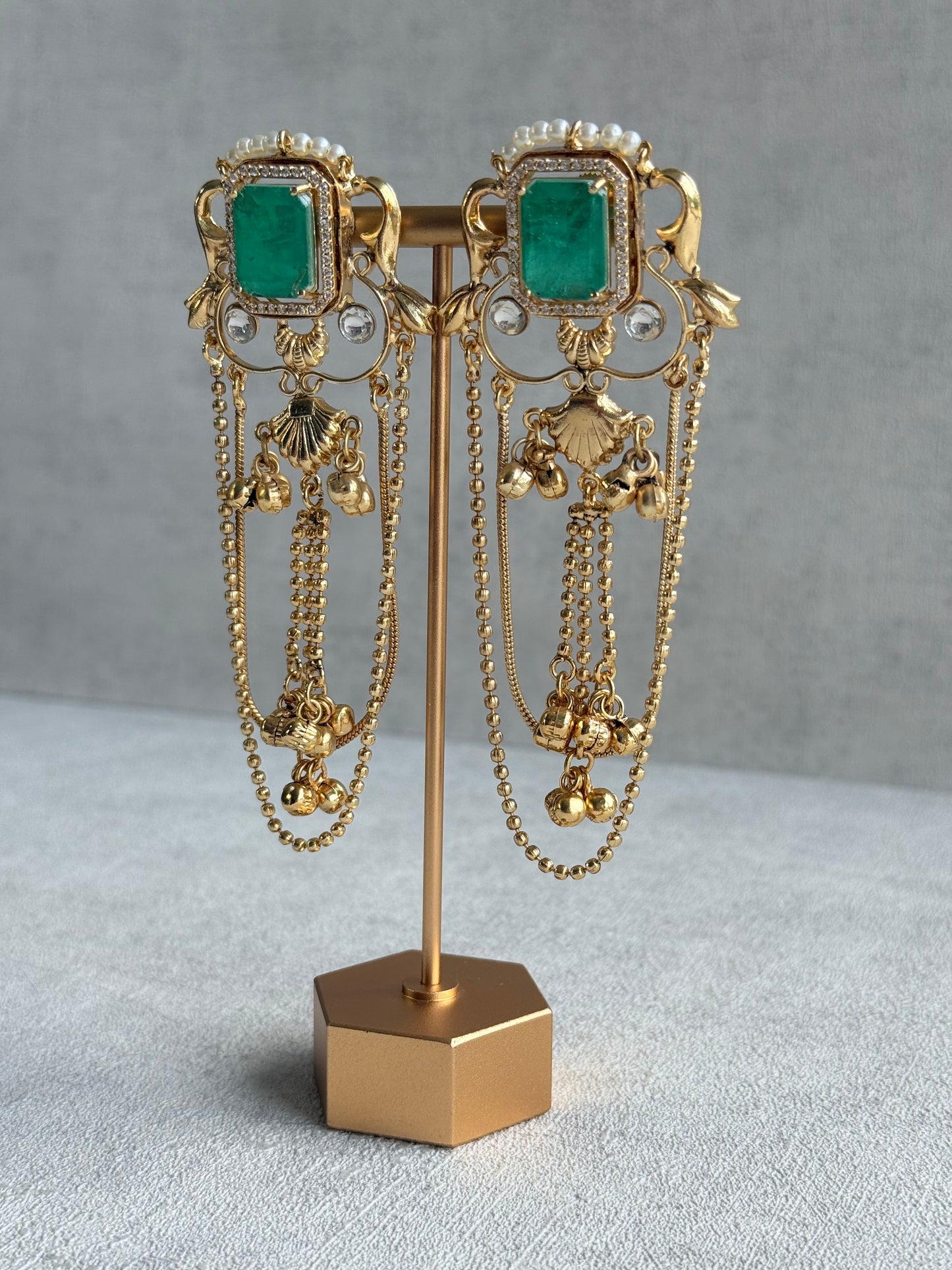 Ayura Designs Jaid Earrings – Jade Green Floral Motif with Layered Chains & Ghungroos