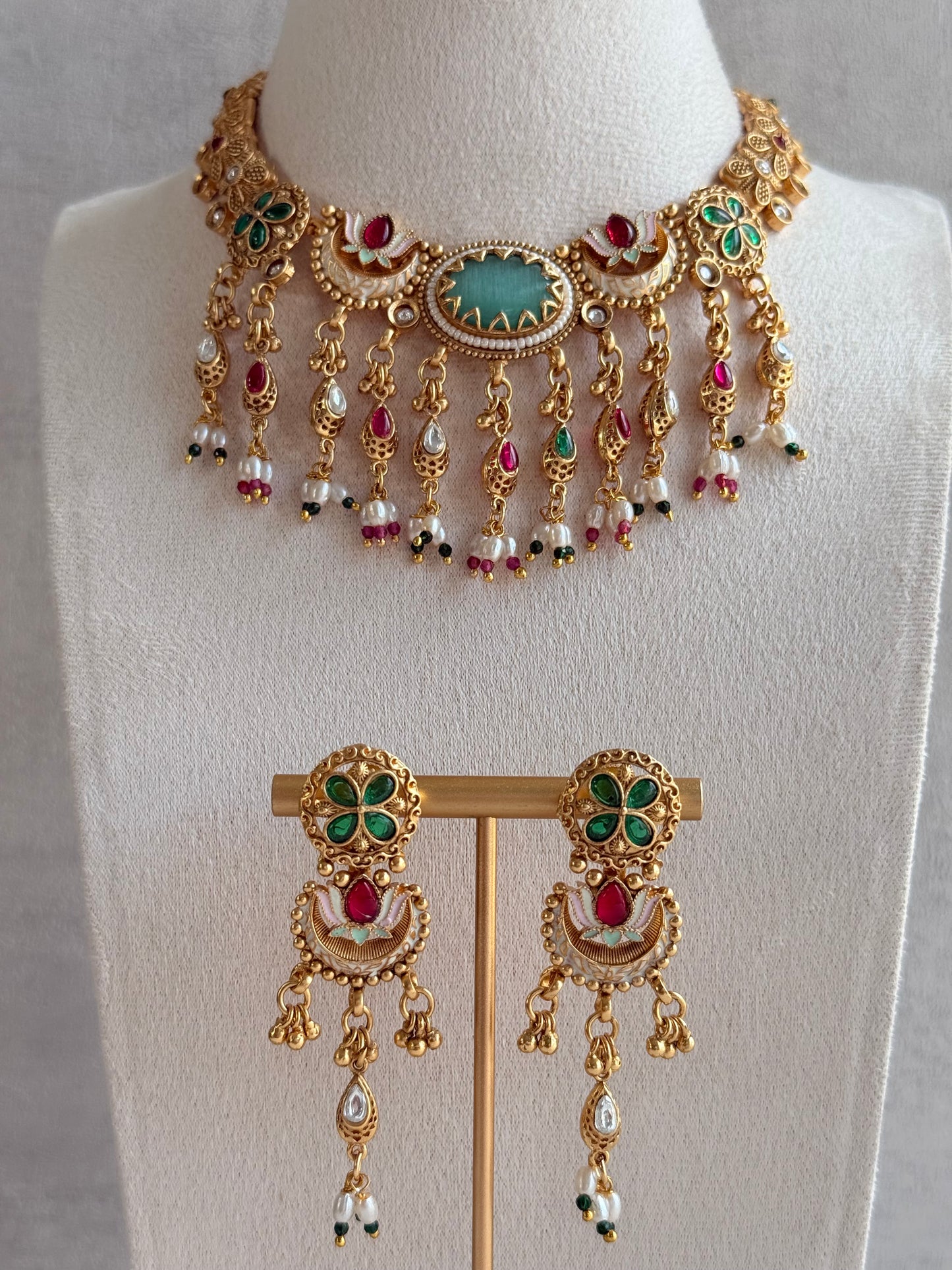Ayura Designs Aavya Necklace Set – Aqua Green & Rani Pink Kundan Meenakari Design