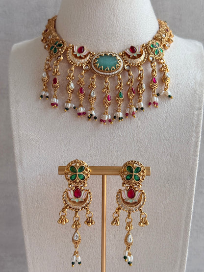 Ayura Designs Aavya Necklace Set – Aqua Green & Rani Pink Kundan Meenakari Design