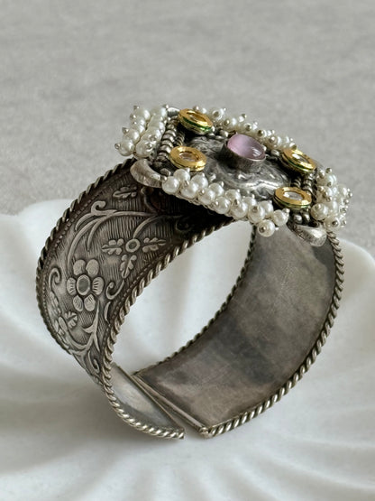 Ayura Designs Suhani Adjustable Kashmiri Cuff Bracelet – Pearl Floral Motif with Pink Stone & Kundan Detailing