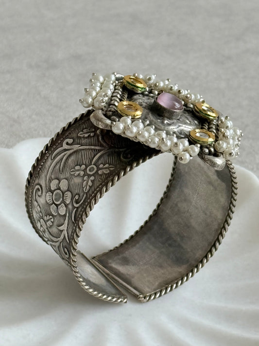 Ayura Designs Suhani Adjustable Kashmiri Cuff Bracelet – Pearl Floral Motif with Pink Stone & Kundan Detailing