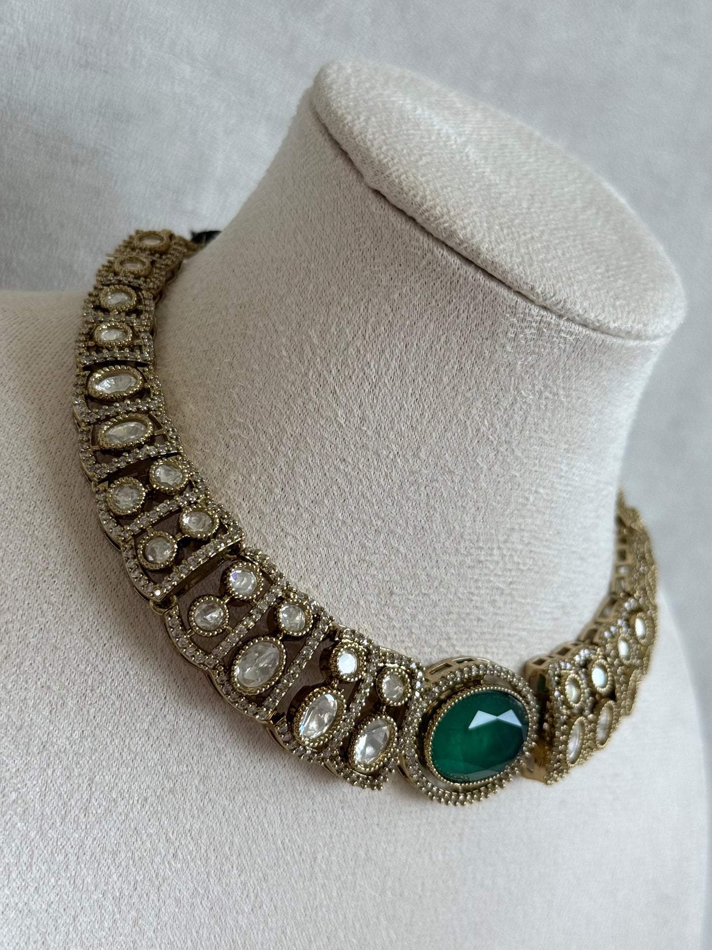 Ayura Designs Sadie Necklace Set with Earrings – Emerald Green Centre Stone, Moissanite Style Stones & Crystal Halo Detailing