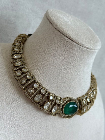 Ayura Designs Sadie Necklace Set with Earrings – Emerald Green Centre Stone, Moissanite Style Stones & Crystal Halo Detailing