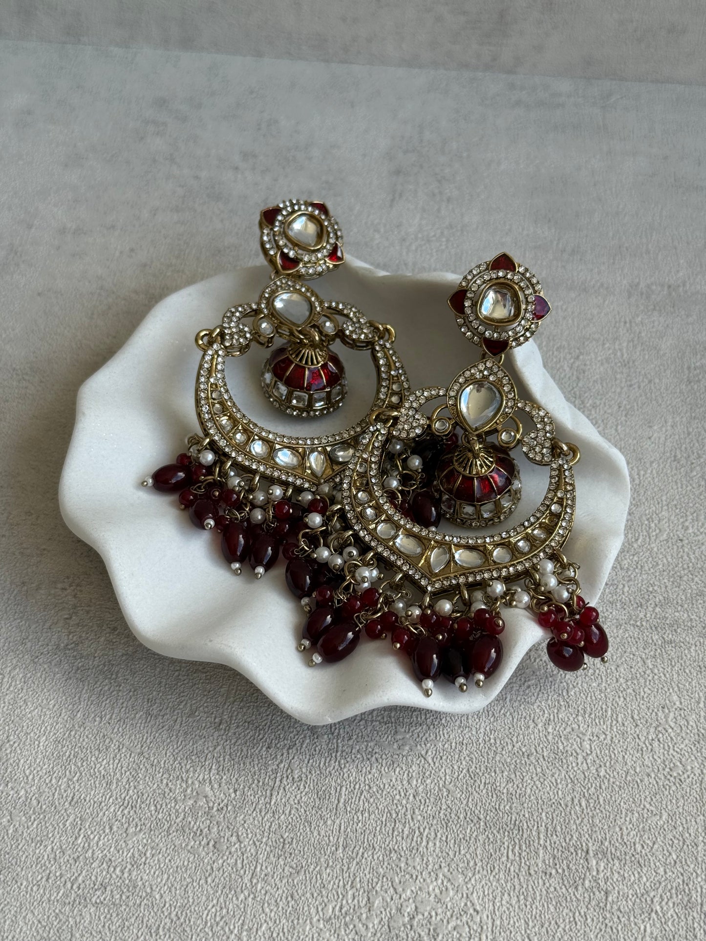 Ayura Designs Reha Earrings – Statement Chandbalis with Maroon Beads, Pearls & Mirror-Cut Stones
