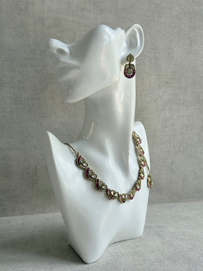 Ayura Designs Katalina Necklace Set with Earrings & Tikka – Rani Pink Stones, Crystals & Antique Gold Finish