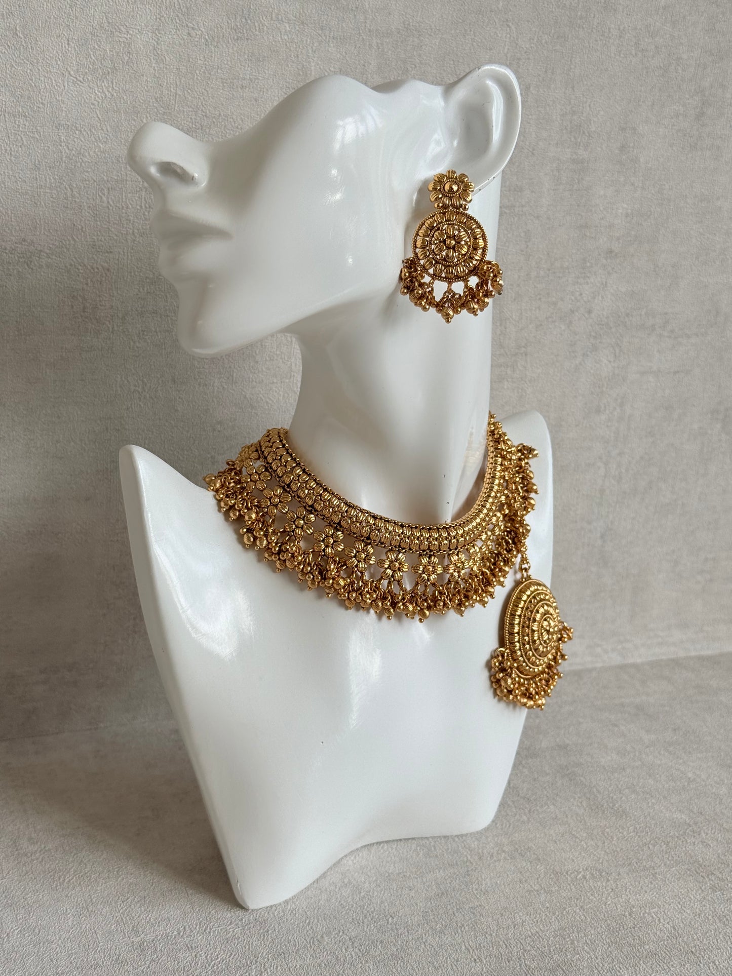Ayura Designs Darya Necklace Set with Earrings & Tikka – Floral Antique Gold Statement Set with Ghungroo Detailing
