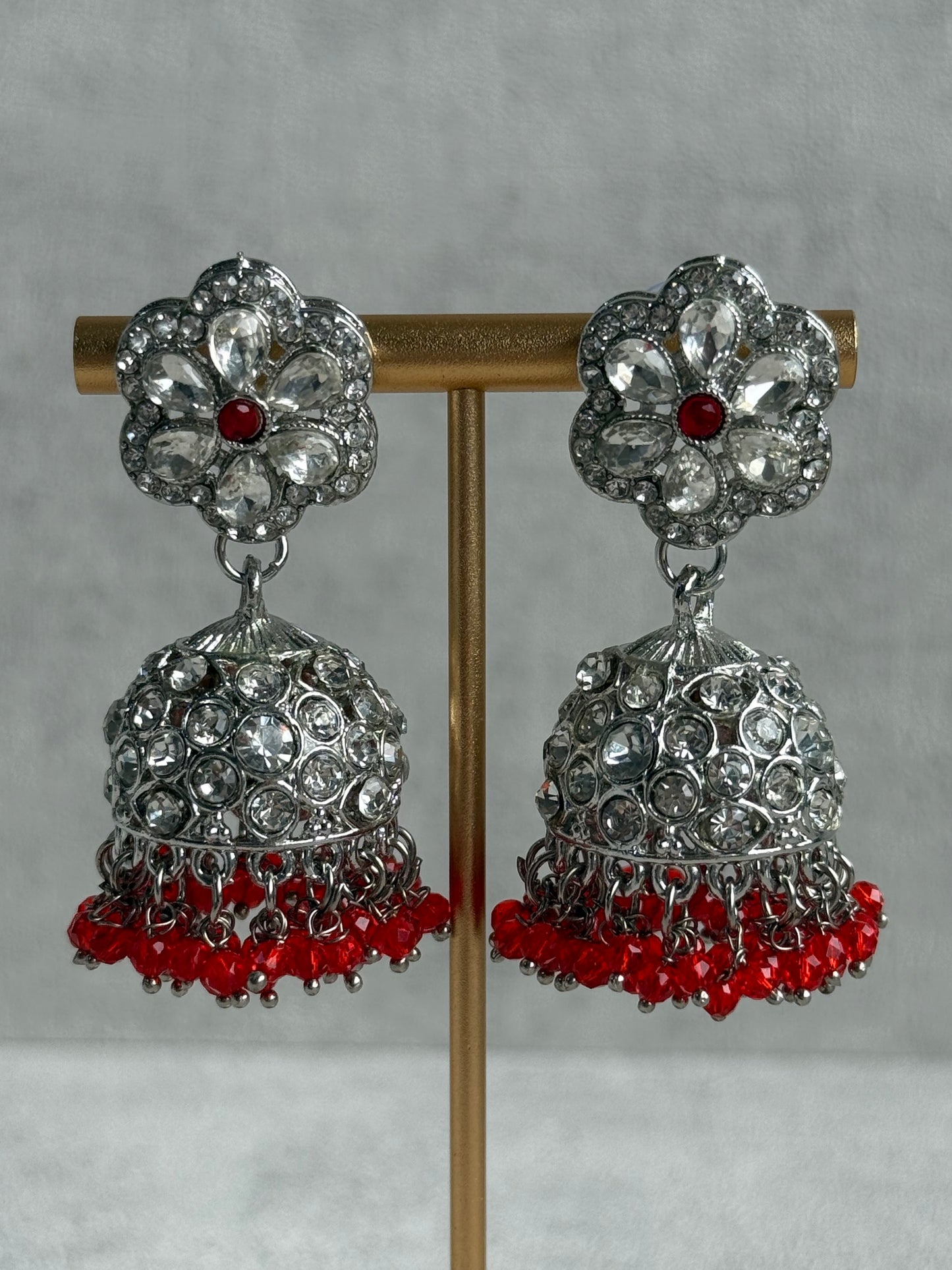 Ayura Designs Zarghuna Set with Jhumkis & Tikka – Orange Beads, Mirror-Cut Stones & Silver Finish