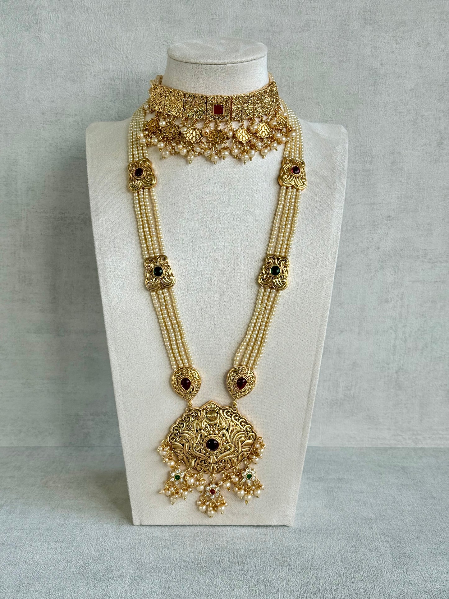 Ayura Designs Maharani Bridal Set with Choker, Haar, Earrings & Tikka – Antique Gold with Pink Stones & Pearl Detailing