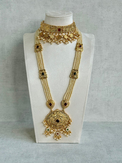 Ayura Designs Maharani Bridal Set with Choker, Haar, Earrings & Tikka – Antique Gold with Pink Stones & Pearl Detailing