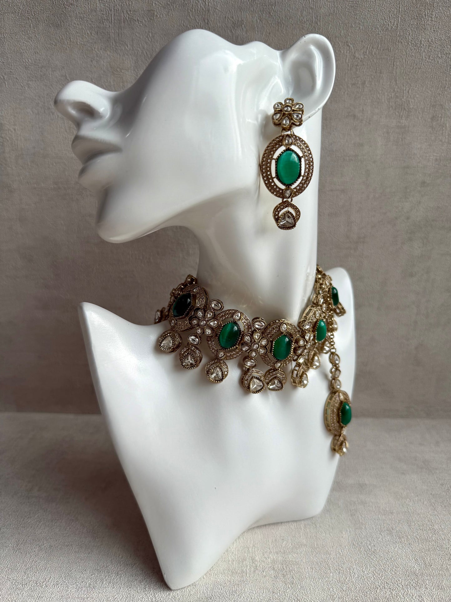 Ayura Designs Emanya Choker Set – Choker, Earrings & Tikka with Mirror-Cut Stones, Emerald Green & Antique Gold Detailing
