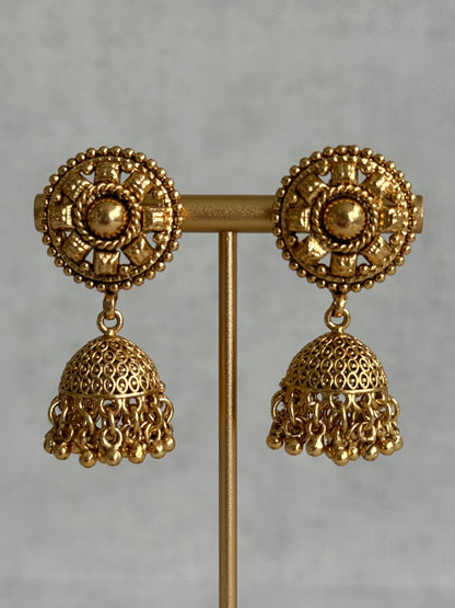 Ayura Designs Iksirat Necklace Set with Jhumkis & Tikka – Gold Heritage Design with Ghungroo Detailing