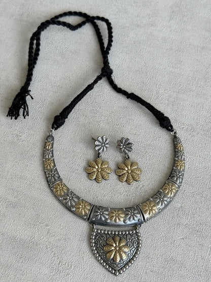 Ayura Designs Andaaz Set with Earrings – Dual Tone Oxidised Floral Necklace Set