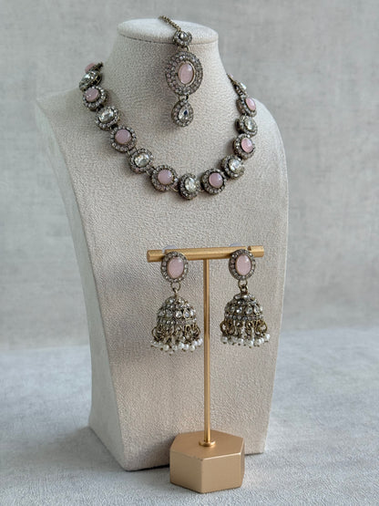 Ayura Designs Eira Necklace Set with Earrings & Tikka – Blush Pink & Crystal Stones with Antique Gold Finish