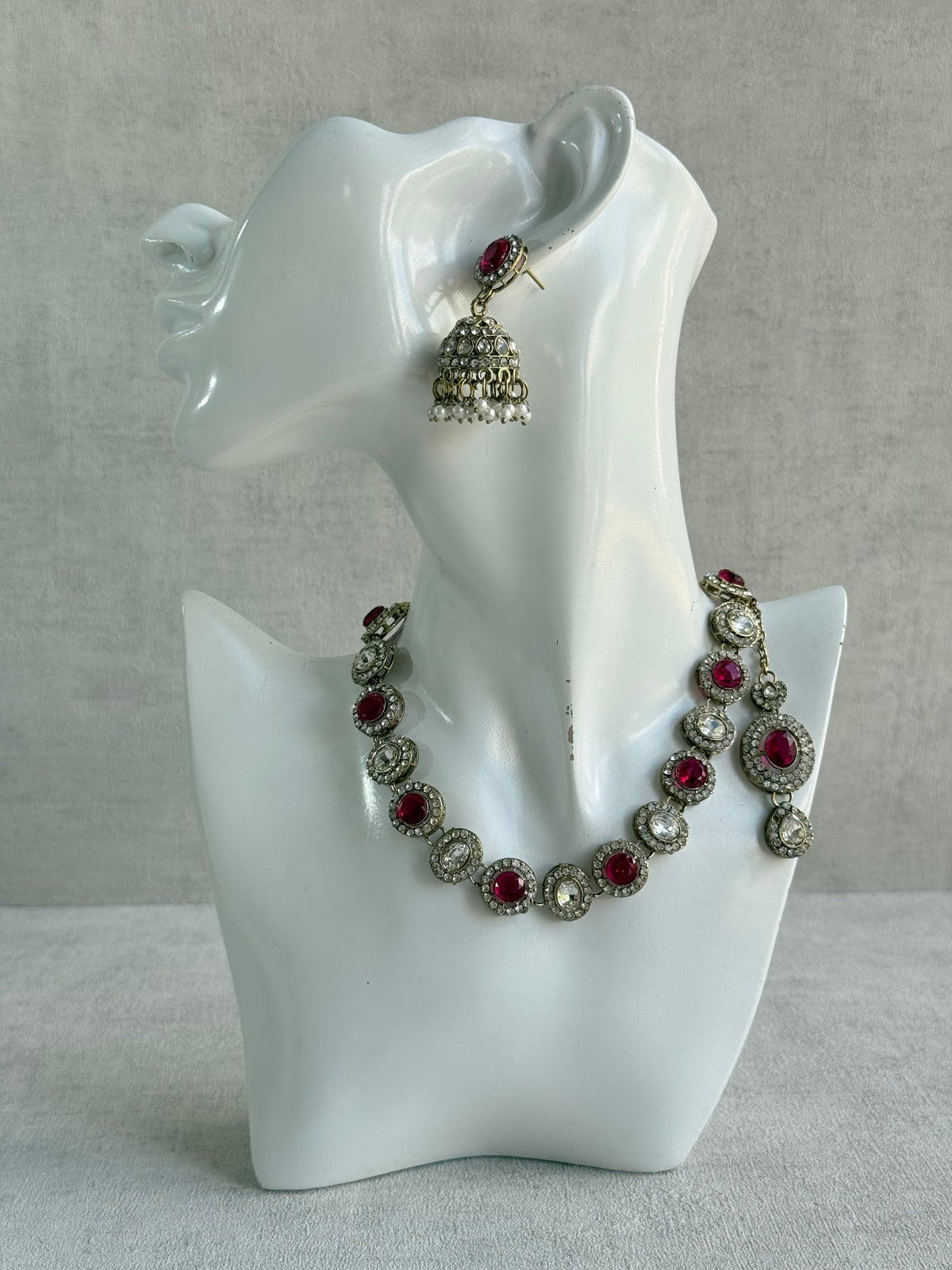 Ayura Designs Eira Necklace Set with Earrings & Tikka – Rani Pink & Crystal Stones with Antique Gold Finish
