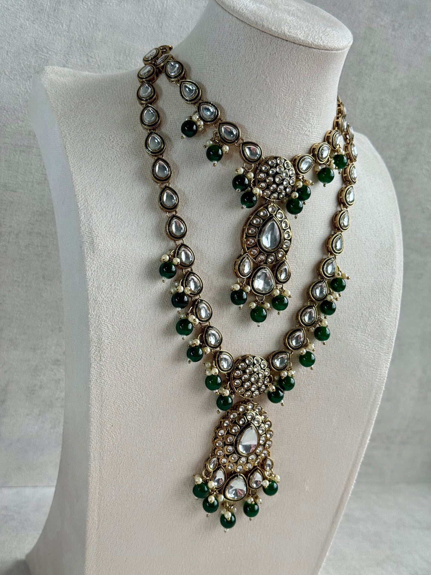 Ayura Designs Kalika Set with Necklace, Earrings, Tikka & Ring – Polki-Style Stones with Antique Green Enamel Detailing, Emerald Green Beads & Pearl Drops