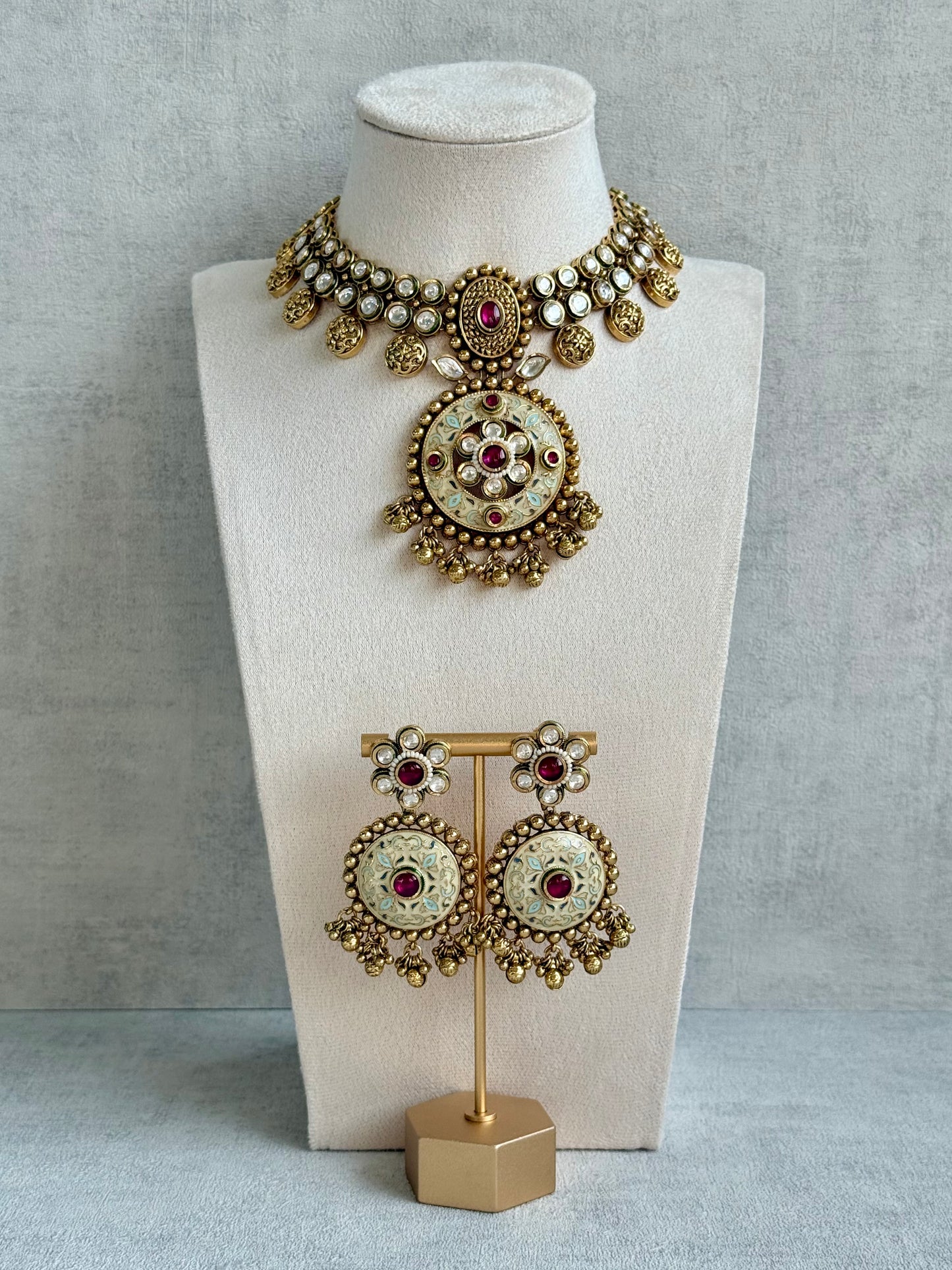 Ayura Designs Zayna Set with Necklace & Earrings – Ivory Meenakari with Rani Pink Stones