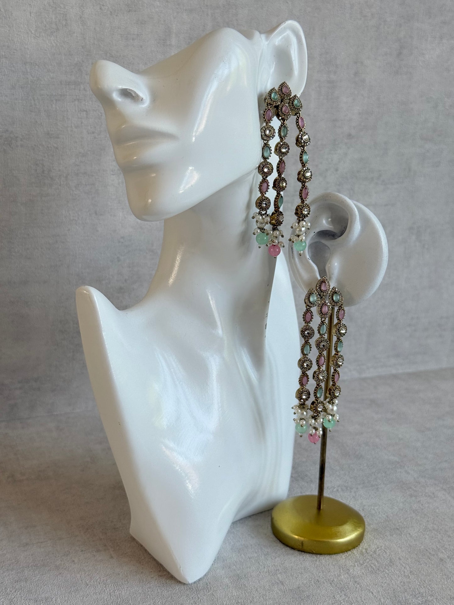 Ayura Designs Emilia Earrings – Gold Triple Strand Statement Earrings with Mint Green & Blush Pink Stones & Pearl Drops