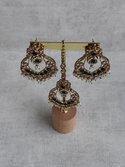 Ayura Designs Damini Tikka Set – Mirror-Cut Kundan Earrings & Tikka with Emerald Green Enamel and Pearl Detailing