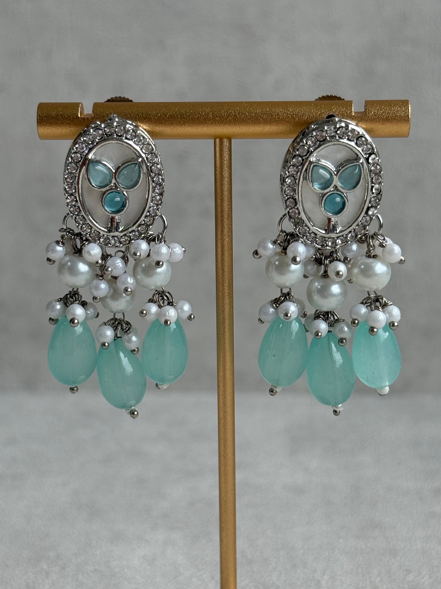 Ayura Designs Linza Set – Necklace, Earrings & Tikka in Aqua Blue & Pearl with Silver Finish