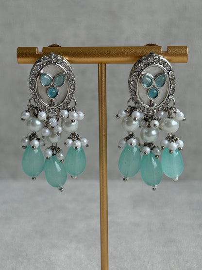 Ayura Designs Linza Set – Necklace, Earrings & Tikka in Aqua Blue & Pearl with Silver Finish