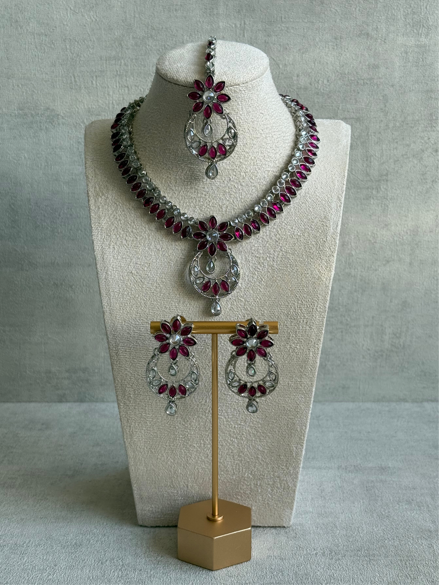 Ayura Designs Fareeha Set with Necklace, Earrings & Tikka – Mirror-Cut Stones, Fuchsia Floral Detailing & Silver Finish