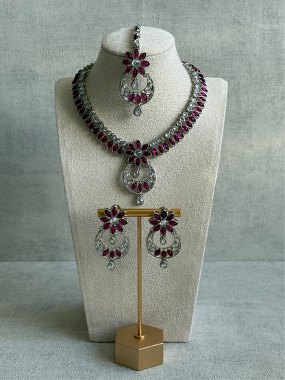 Ayura Designs Fareeha Set with Necklace, Earrings & Tikka – Mirror-Cut Stones, Fuchsia Floral Detailing & Silver Finish