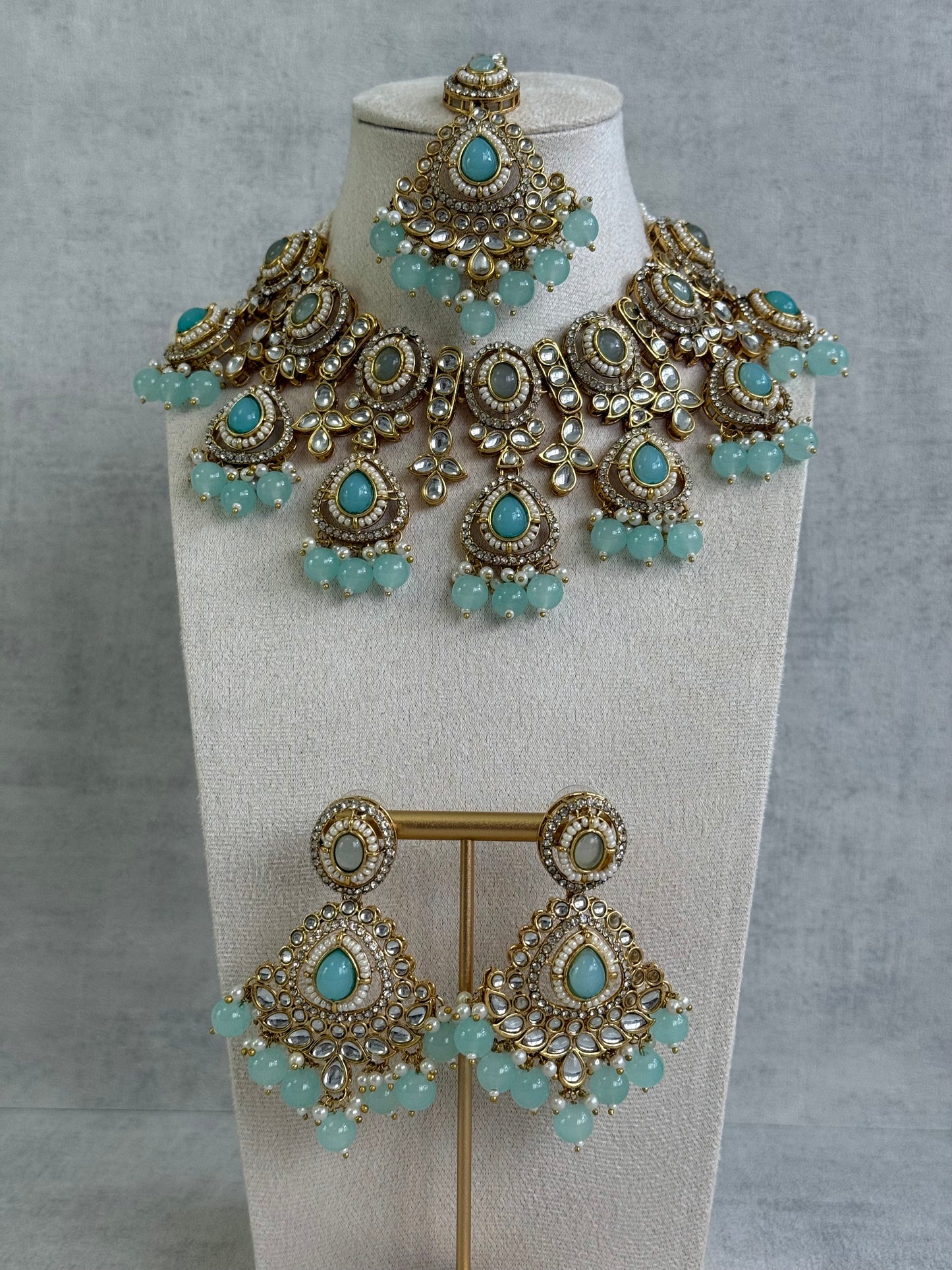 Ayura Designs Janvi Set with Necklace, Earrings & Tikka – Kundan Detailing, Aqua Blue Beads & Ivory Pearl Drops