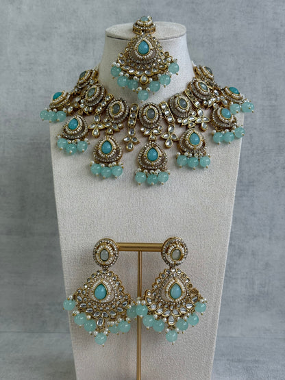 Ayura Designs Janvi Set with Necklace, Earrings & Tikka – Kundan Detailing, Aqua Blue Beads & Ivory Pearl Drops