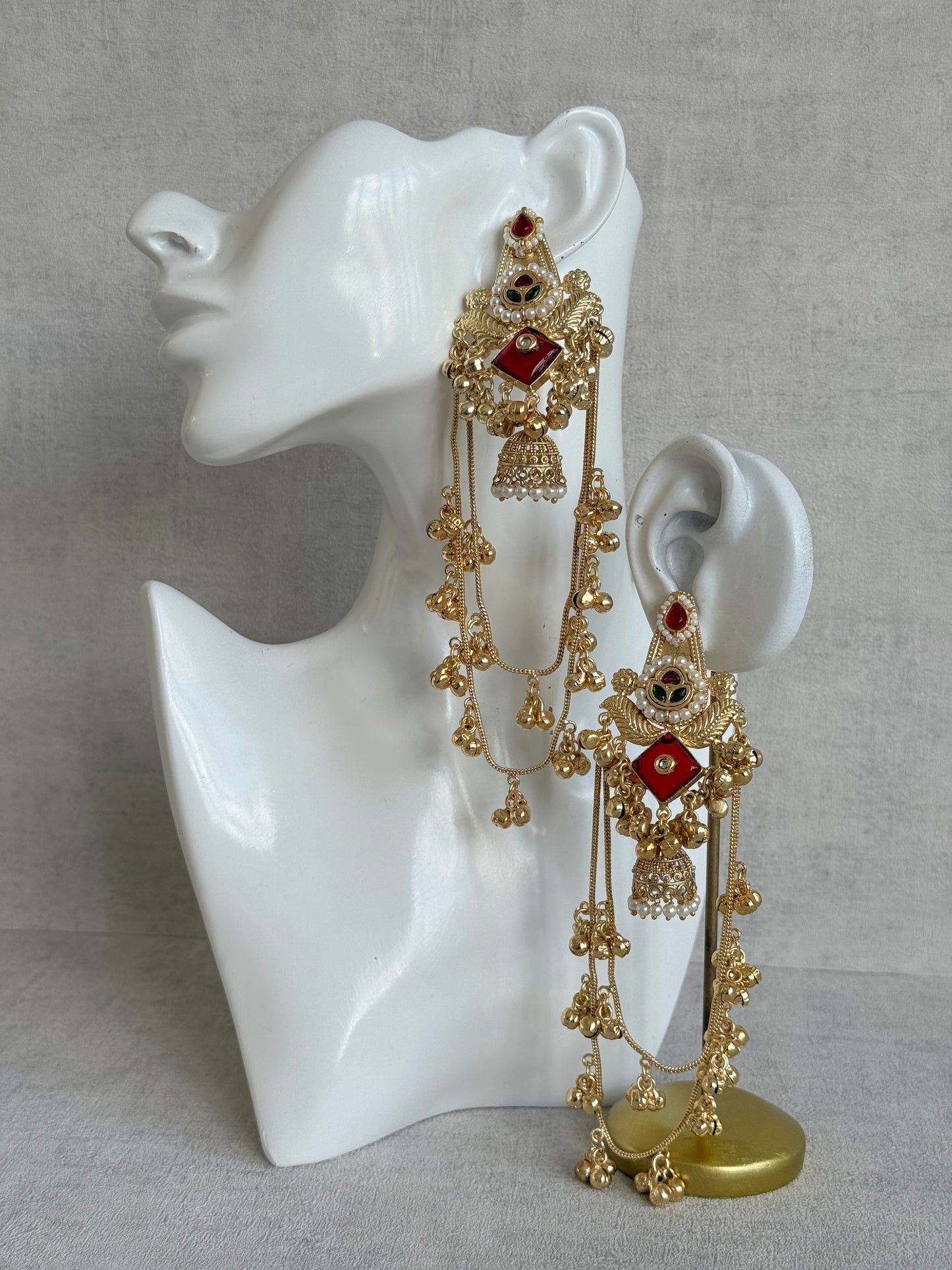 Ayura Designs Simal Earrings – Kashmiri Earrings with Red Stone, Multicoloured Detailing, Layered Ghungroo Chains & Jhumkis