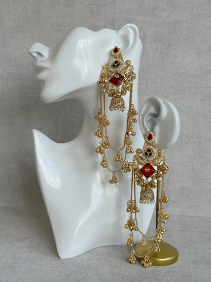 Ayura Designs Simal Earrings – Kashmiri Earrings with Red Stone, Multicoloured Detailing, Layered Ghungroo Chains & Jhumkis