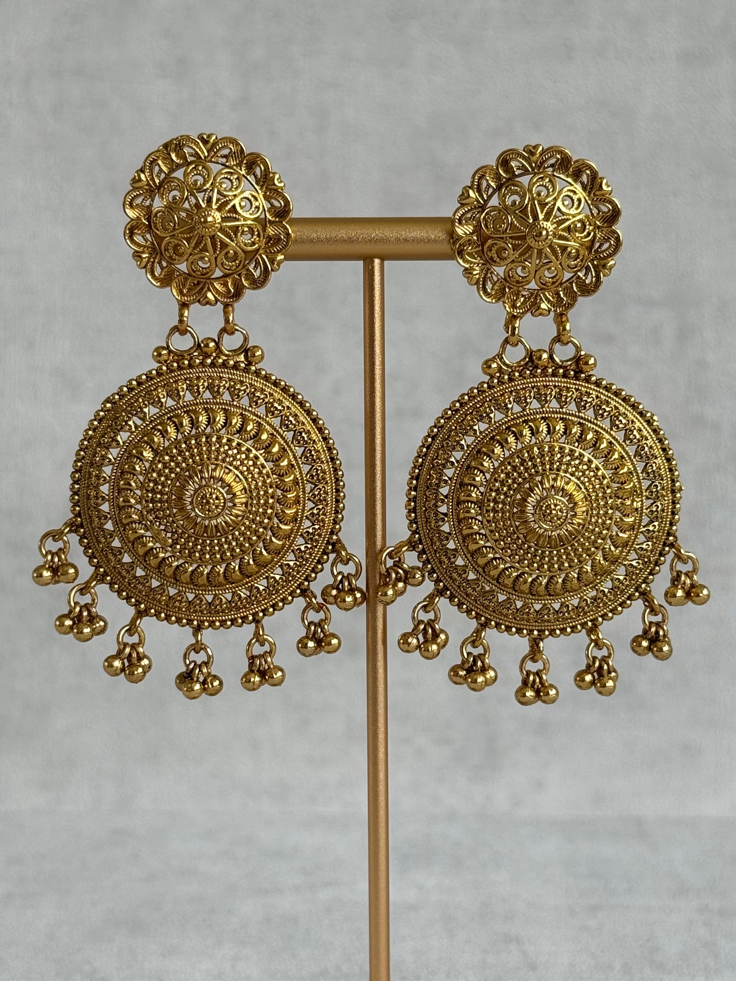 Ayura Designs Subha Choker Set with Earrings & Passa – Antique Gold Engraved Medallions, Layered Chains & Ghungroo Drops