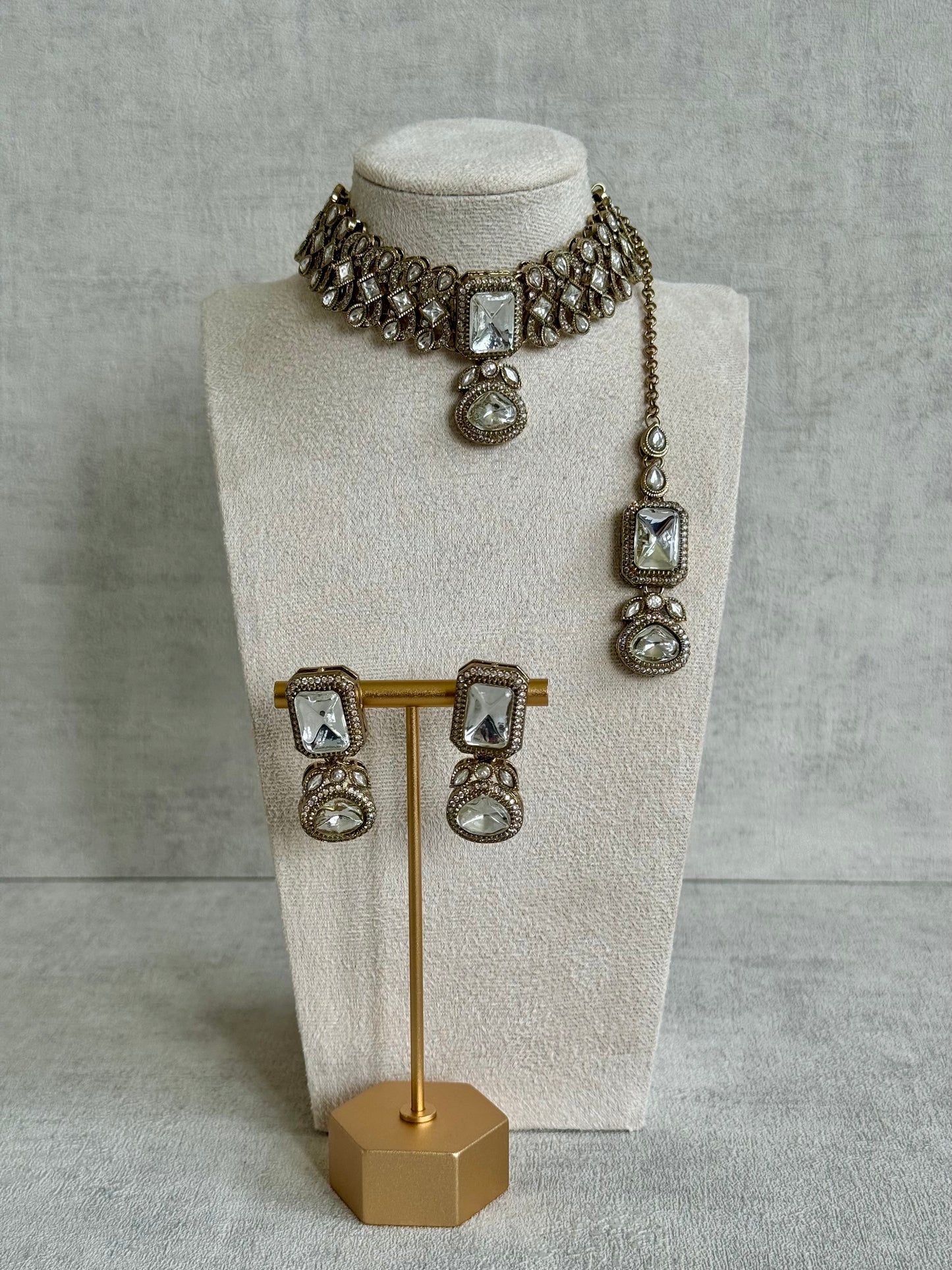 Ayura Designs Ella Choker Set with Tikka & Earrings – Antique Gold with Mirror-Cut Stones