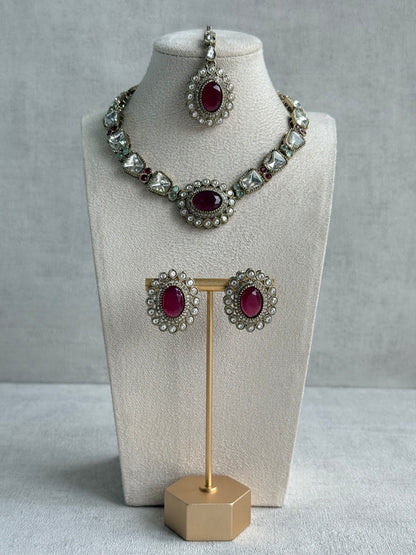 Ayura Designs Inza Necklace Set – Rani Pink & Mint Green Stones, Kundan & Crystals with Antique Gold Finish
