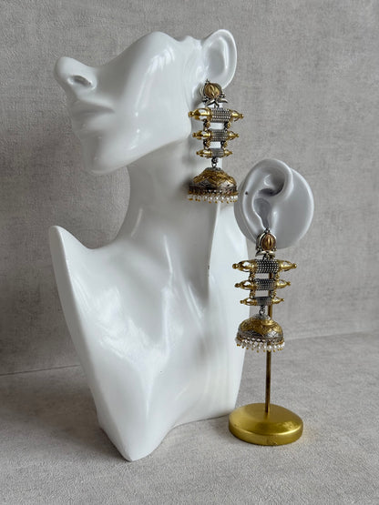 Ayura Designs Tehzeeb Earrings – Dual Tone Oxidised Statement Jhumkis with Pearl Detailing