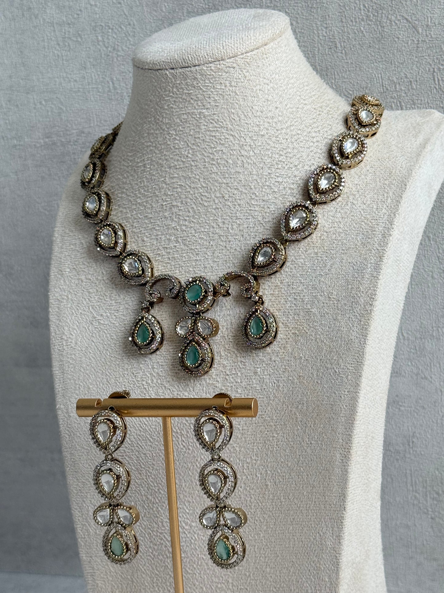 Ayura Designs Bianca Necklace Set with Earrings – Mint Green & White Kundan, Crystals & Gold Finish
