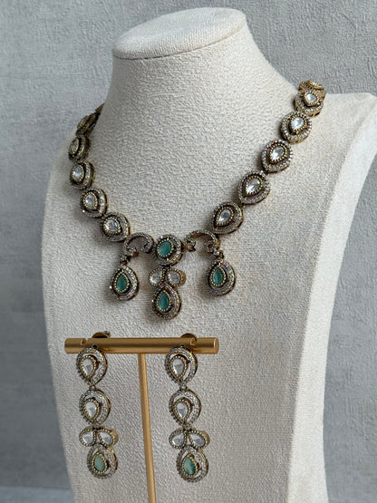 Ayura Designs Bianca Necklace Set with Earrings – Mint Green & White Kundan, Crystals & Gold Finish