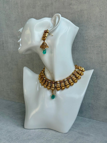 Ayura Designs Aima Necklace Set with Earrings – Antique Gold with Blush Pink & Aqua Green Stones