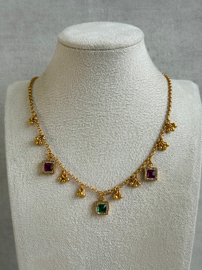 Ayura Designs Smita Set with Necklace & Earrings – Ruby Pink & Emerald Green Stones with Gold-Tone Ghungroo Detailing