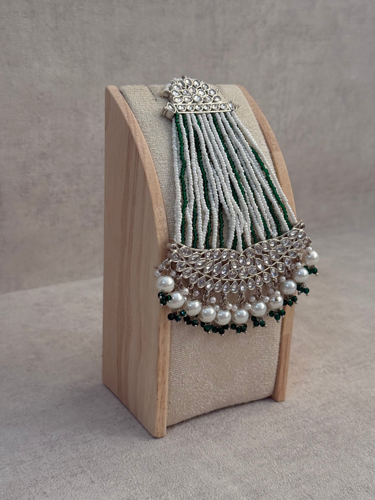 Ayura Designs Ash Jhoomar Passa – Emerald Green Beads with Mirror Cut Stones & Silver Finish
