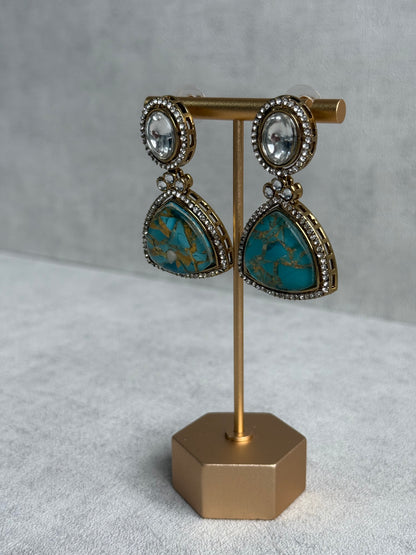 Ayura Designs Florence Earrings – Mirror Cut Studs with Turquoise Marble Resin & Crystal Borders
