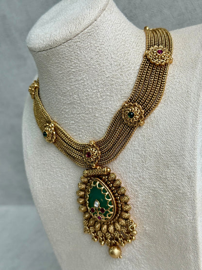 Ayura Designs Ishani Set – Necklace & Earrings with Antique Gold Finish, Pistachio Enamel, Ruby & Polki Detailing
