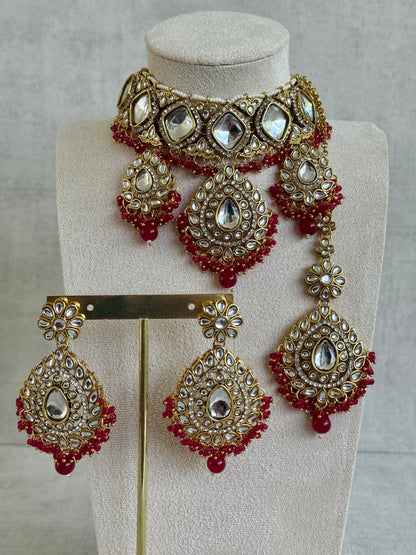 Ayura Designs Kirpa Choker Set with Earrings & Tikka – Ruby Red Beads & Mirror-Cut Stones