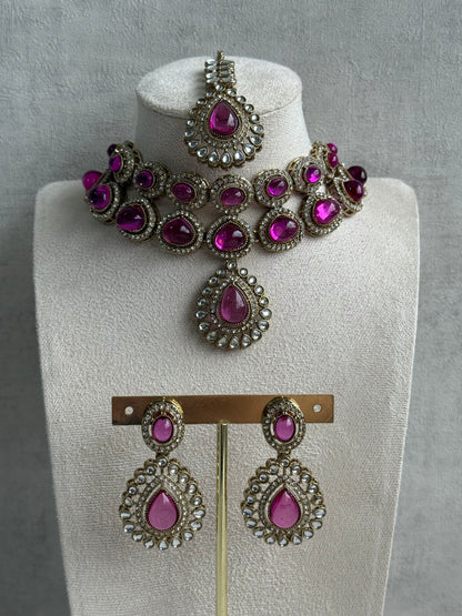 Ayura Designs Tamara Set with Necklace, Earrings & Tikka – Fuchsia Stones, Kundan Borders & Antique Gold Finish