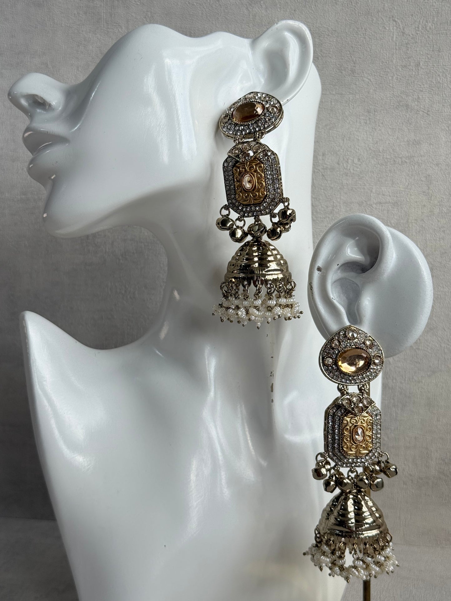 Ayura Designs Maara Jhumkis – Champagne Gold with Champagne Stones, Crystals, Ghungroos & Pearl Detailing