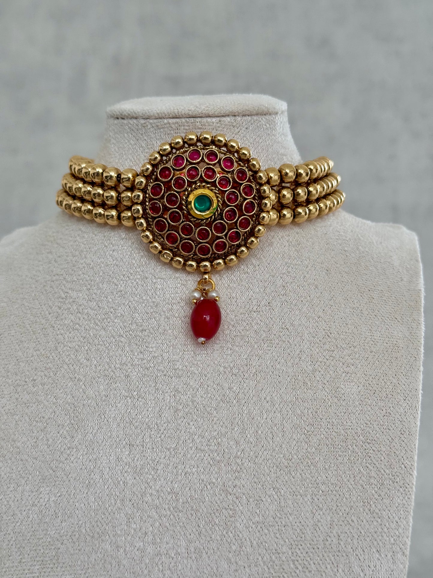 Ayura Designs Ziya Set – Gold, Ruby Red & Emerald Green with Stud Earrings