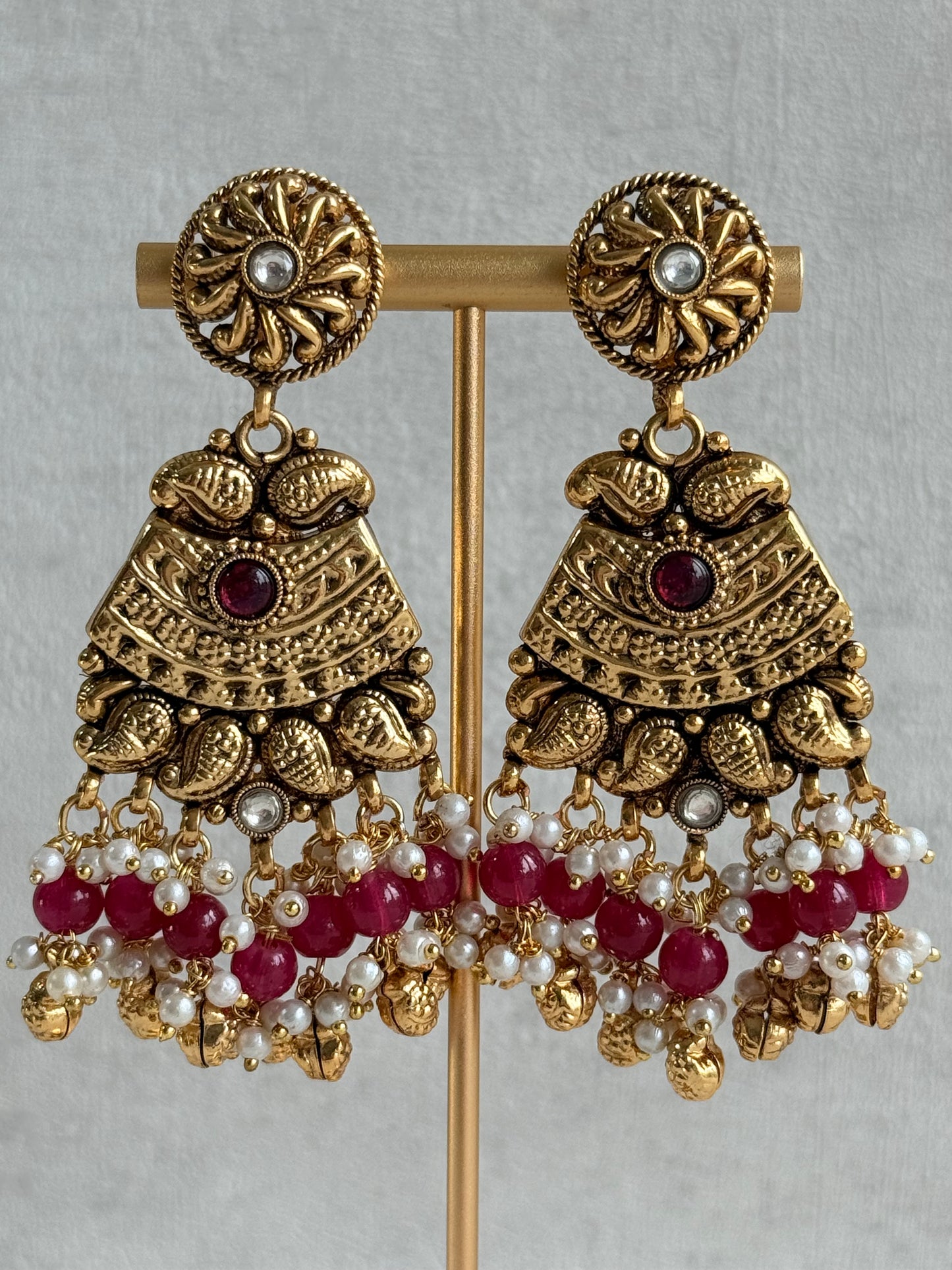 Ayura Designs Sairish Choker Set with Earrings & Tikka – Ruby Pink Beads, Pearl Detailing, Ghungroos, Paisley Motifs & Antique Gold Finish